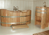 Drevená vaňa, drevené umývadlo a sprchovací kút